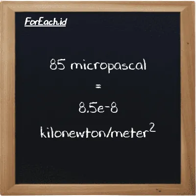 85 micropascal is equivalent to 8.5e-8 kilonewton/meter<sup>2</sup> (85 µPa is equivalent to 8.5e-8 kN/m<sup>2</sup>)